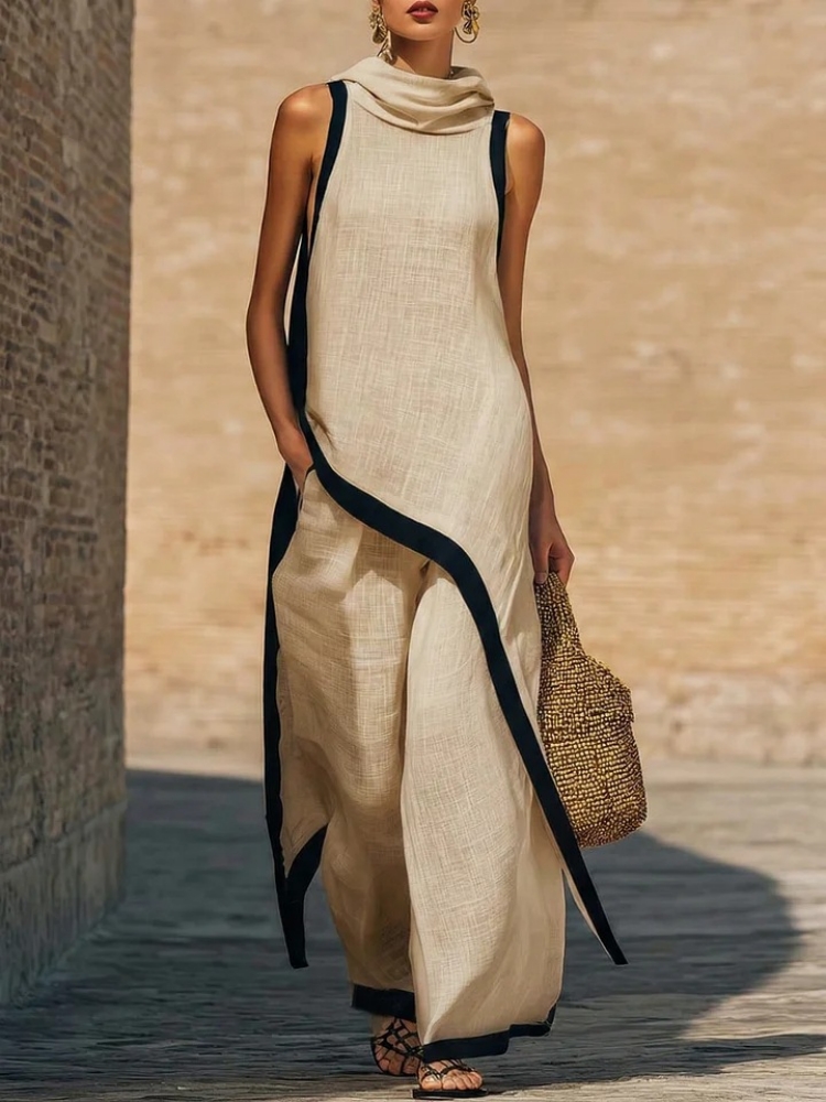 Ethnic Fashion Design - Женский льняной комплект: асимметричный топ без